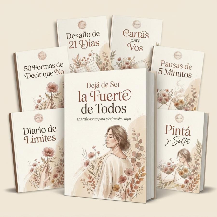 El libro Dejá de Ser la Fuerte de Todos junto a sus 6 libros de regalo